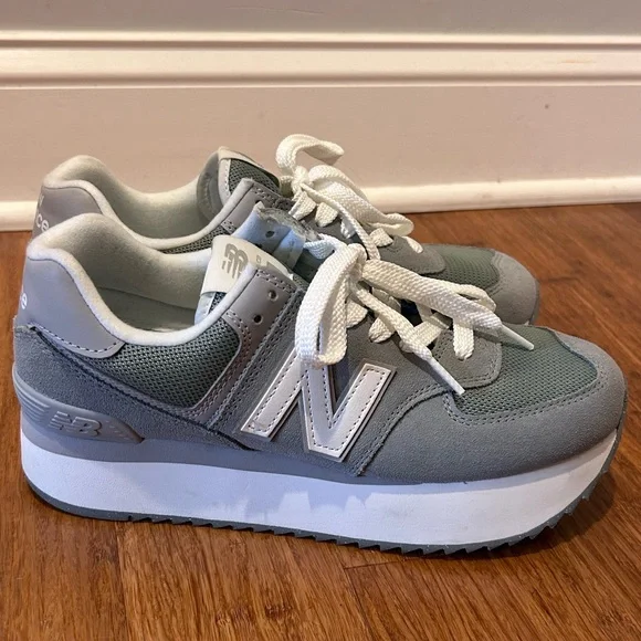 Women's New Balance 574+ Platform Sneakers WL574ZSG Green/Grey 9.5 EUC - Picture 4 of 10